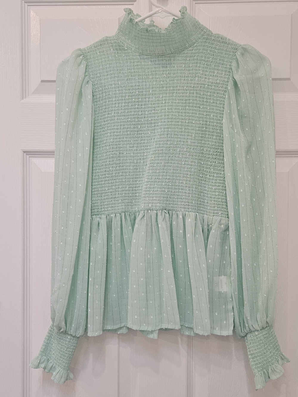 Francesca's Collections Miami Shirt Mint Green Smock Blouse Sheer Ruffle Size XS